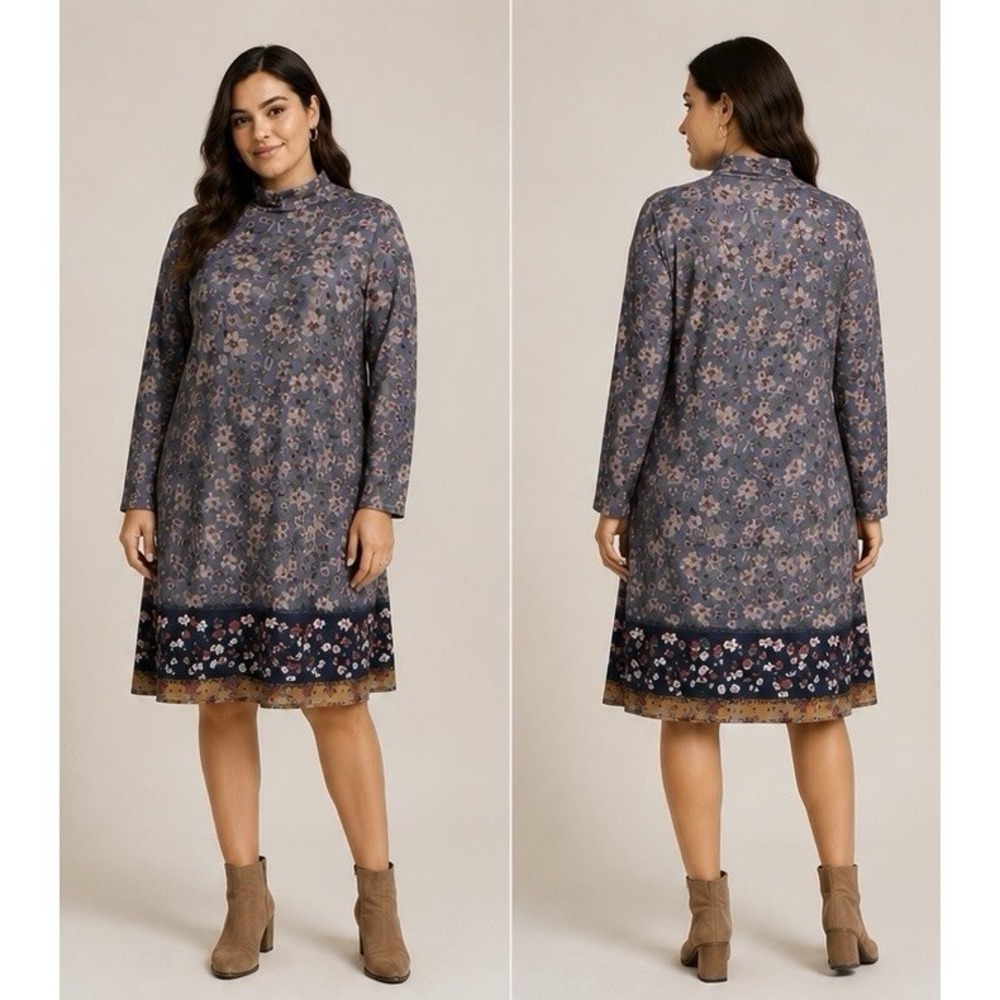 Exclusive Blue Gray‎ Floral Long Sleeve Mock Neck Midi Shift Boho Dress Size XL